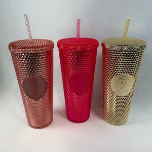 Lot 3 Starbucks Venti 24oz Tumblers Studded, Rose Gold, Neon Pink, Gold Cups